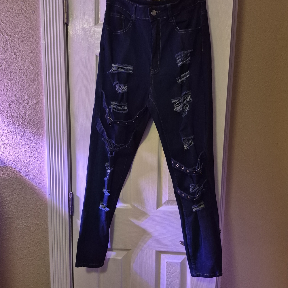 SHEIN Dark Blue Distressed Skinny Jeans